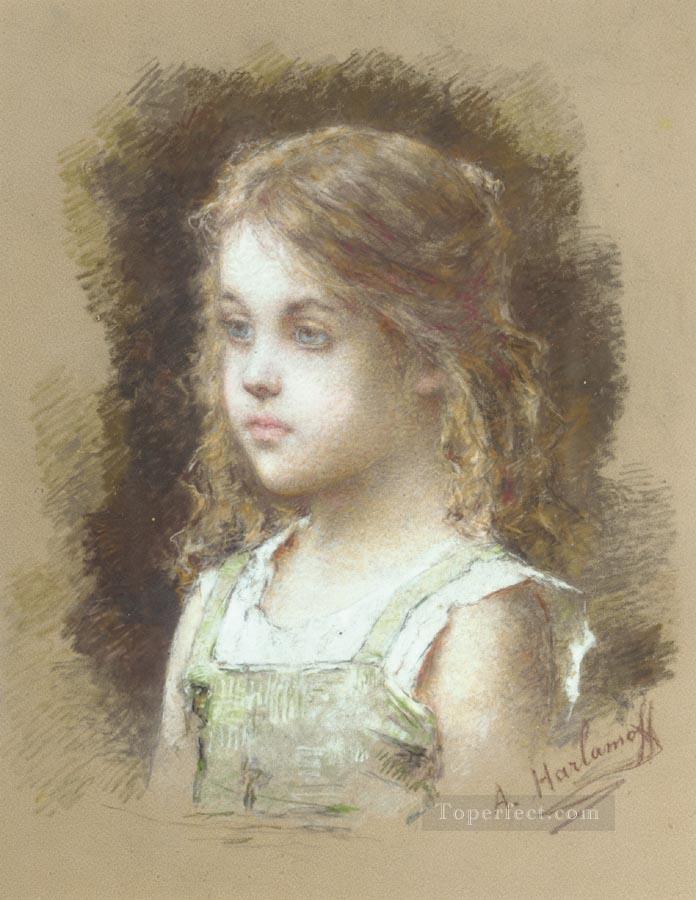 緑のチュニックを着た少女の少女の肖像画 アレクセイ・ハラモフ油絵